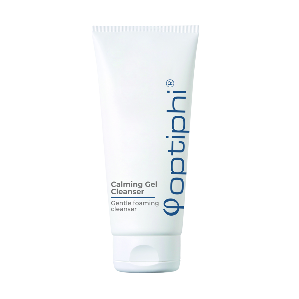 Optiphi Calming Gel Cleanser gentle foaming facial cleanser with glycolic acid, malic acid and panthenol to cleanse, exfoliate and support clearer-looking skin