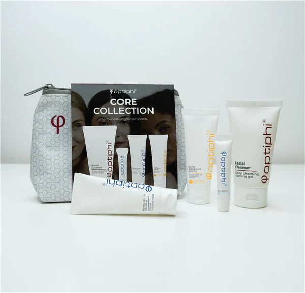 Optiphi Core Collection skincare starter kit featuring a facial cleanser, hydrating mask, eye treatment and SPF 30 sunscreen to support cleansing, hydration and daily skin protection