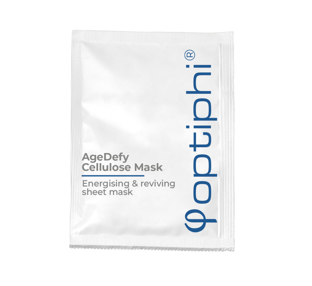 Optiphi AgeDefy Cellulose Mask bio-cellulose face mask with marine extracts and beech bud extract to support skin vitality, hydration and a firmer-looking complexion