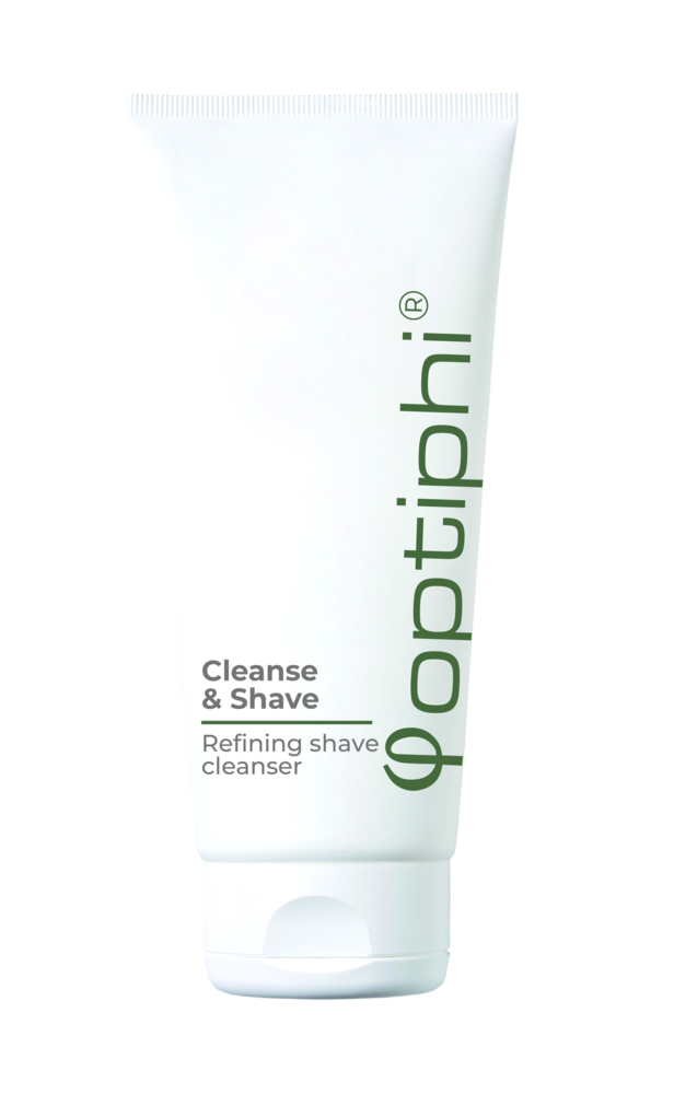 Optiphi Cleanse + Shave foaming shaving gel and facial cleanser with glycolic acid, malic acid and panthenol to reduce irritation, improve razor glide and support smoother skin