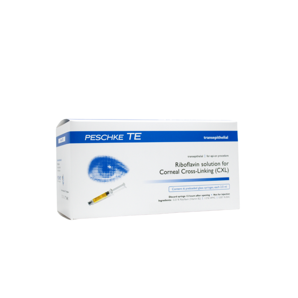 Visi Ribotran TE transepithelial riboflavin solution for epi-on corneal cross-linking procedures, designed for keratoconus treatment without epithelial removal